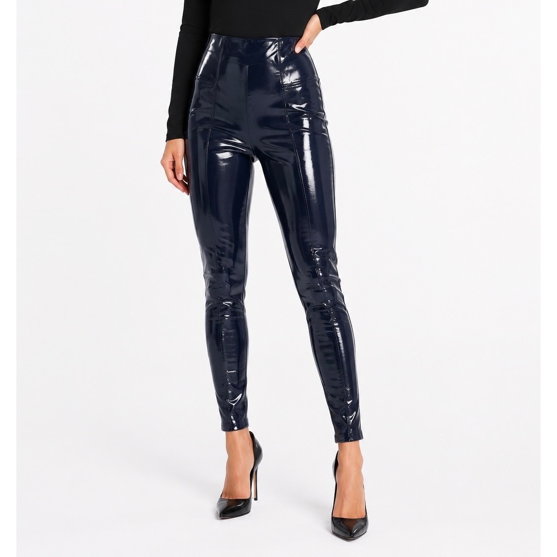 Spanx Patent Leather Leggings Womens Medium Navy Blue High Rise Slimming Stretch